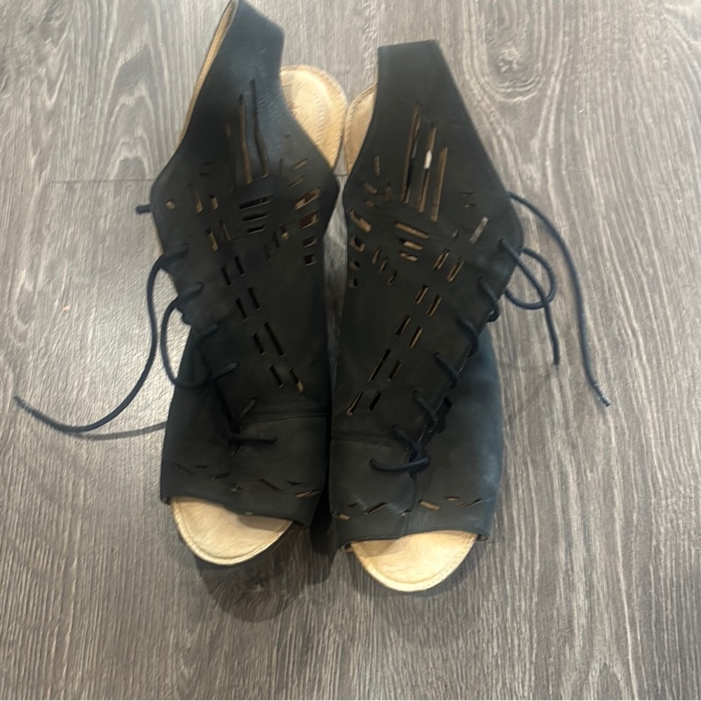 Adam Tucker Black Lace-Up Cutout Peep Toe Mules
